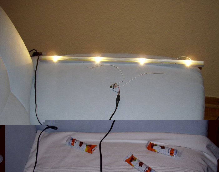 DSCI0041_cut.jpg (487.24 KiB) 31734 mal betrachtet LED-Leiste testweise auf dem Sofa, mit den Schoko-Riegeln habe ich 3 der 4 LEDs über eine Stunde lang abgedeckt --- sie sind nicht geschmolzen, nichtmal weich geworden, das Alu-U-profil erreicht nichtmal Körpertemperatur (350 mA durch die LEDs, alle 20 cm eine LED, U-Profil 20mm breit, Kanten 10 mm, Stärke 2 mm